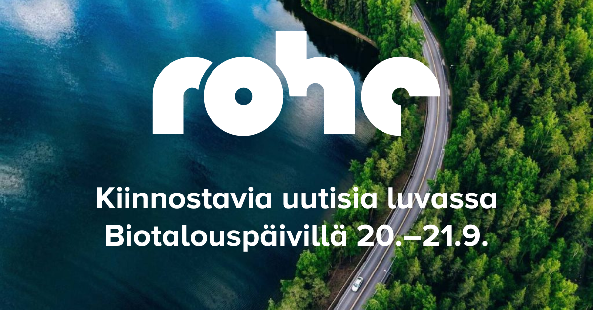 Ilmakuva järvimaisemasta, jonka päällä Rohen logo ja teksti: Kiinnostavia uutisia luvassa Biotalouspäivillä 20.-21.9.